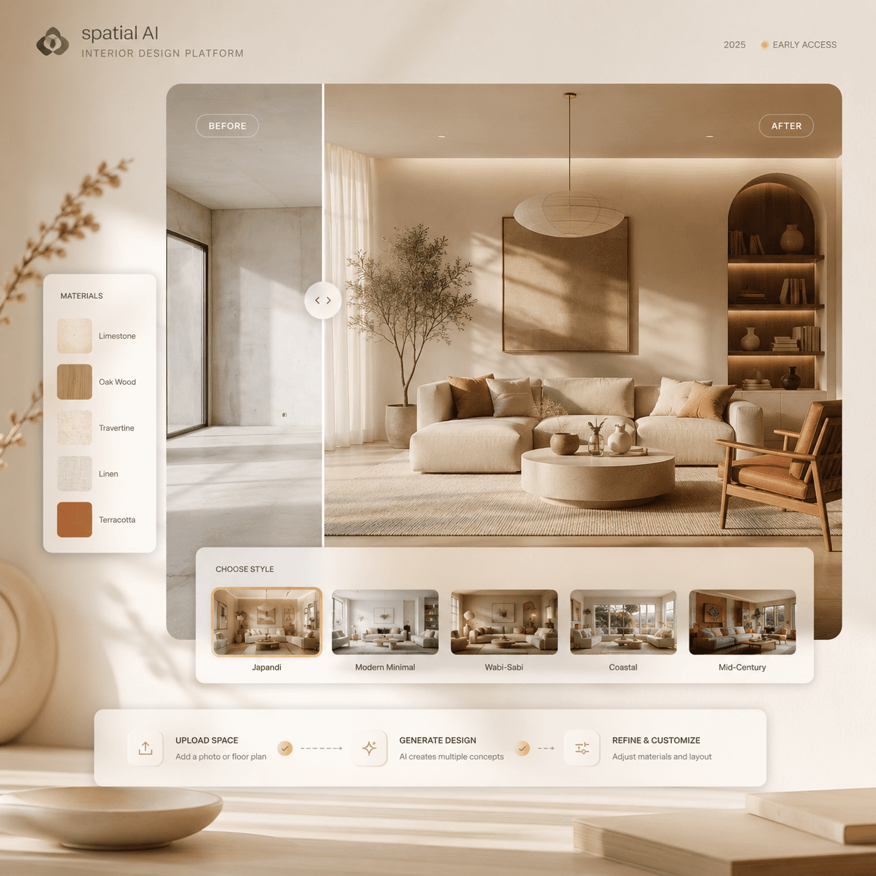 Interior design platform UI showing a before/after room render with a materials palette and a generate-design control bar.